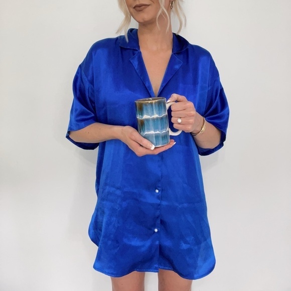 Gold Label Vintage Victoria’s Secret Satin Cobalt Blue Button Down Sleep Shirt